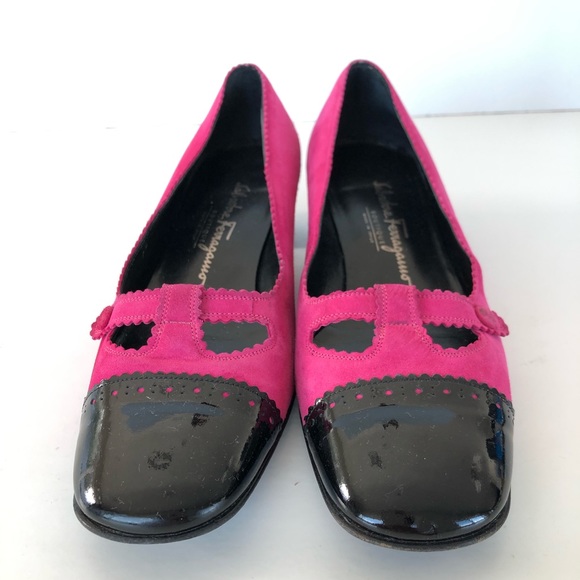 ♦️SOLD♦️SALVATORE FERRAGAMO Pink Suede Black Patent Leather Cap Toe Flat Loafer - Picture 2 of 14